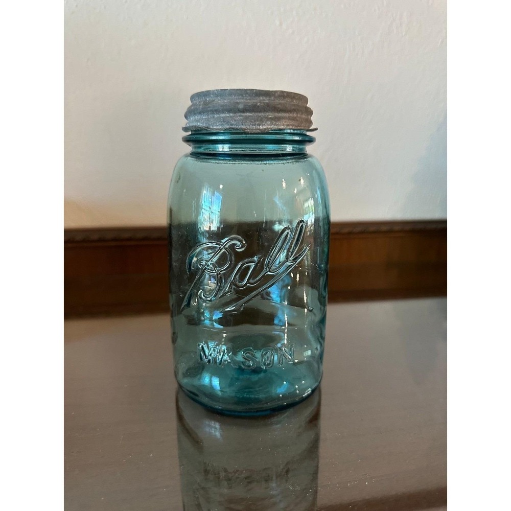 Antique Ball Mason Blue Quart Jar Zinc Lid Wavy Glass Air Bubbles Aqua #6